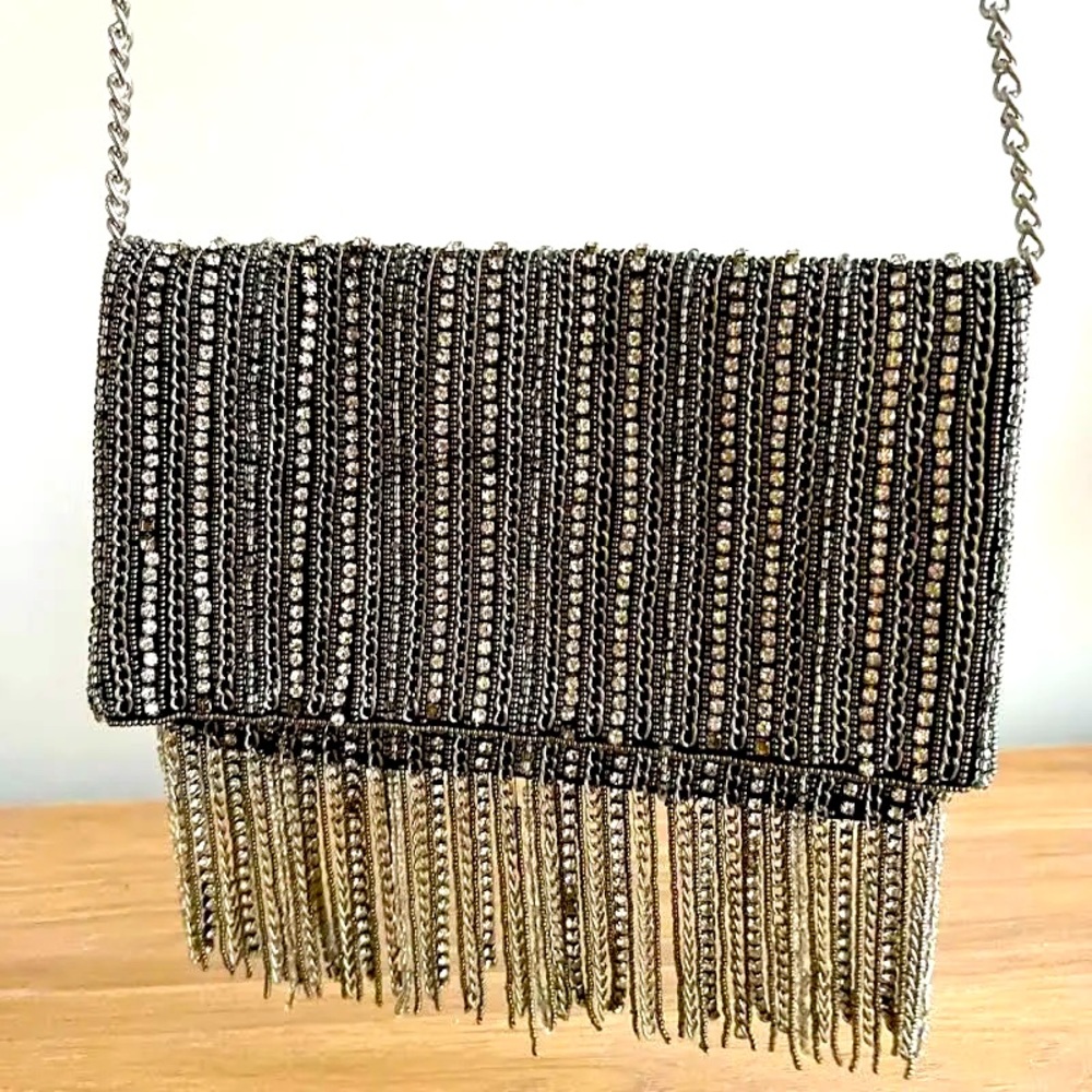 Express silver metal fringe clutch purse